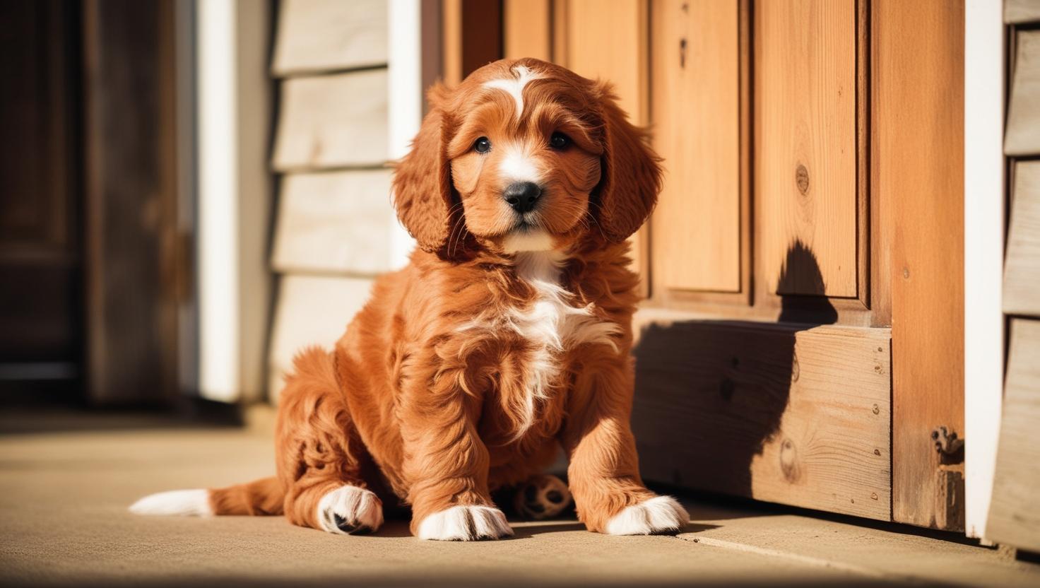 red cockapoo puppy at backdoor red cockapoo puppy at backdoor