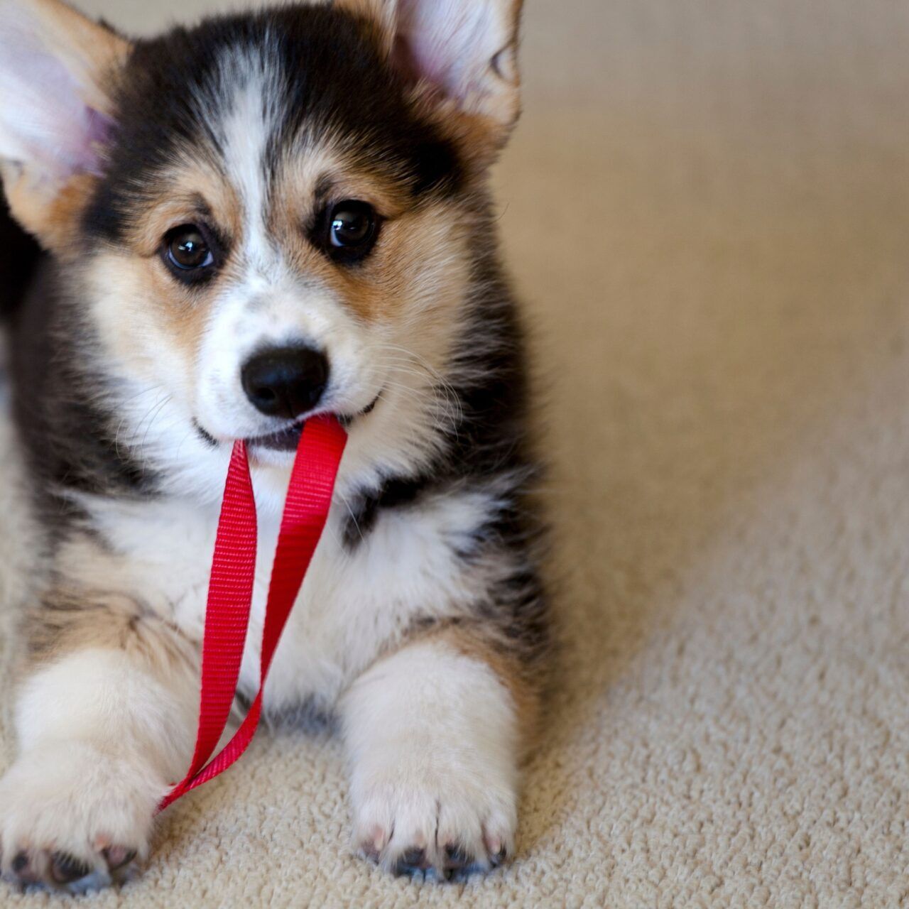 Cute puppy staring at the camera with a red lead in its mouth